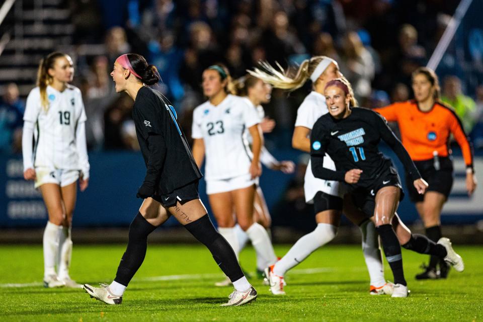 Brigham Young University forward Brecken Mozingo (13) celebrates making a penalty kick during the Sweet 16 round of the NCAA College Women’s Soccer Tournament against Michigan State at South Field in Provo on Saturday, Nov. 18, 2023. | Megan Nielsen, Deseret News