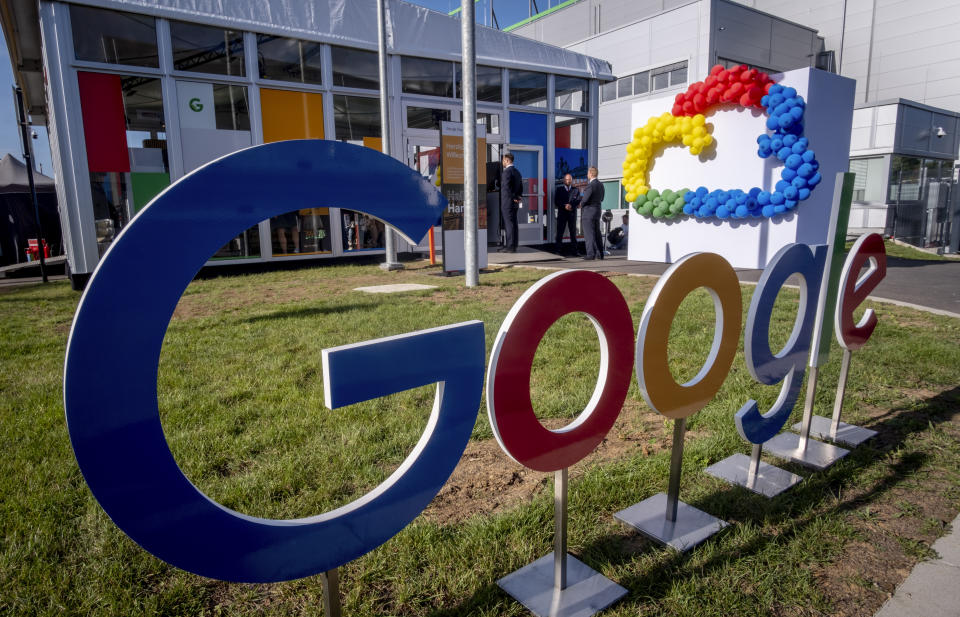 FILE - Google's first datacenter in Germany is pictured during its inauguration in Hanau near Frankfurt, Germany, Oct. 6, 2023. European Union regulators opened investigations into Apple, Google and Meta on Monday March 25, 2024 in the first cases under a sweeping new law designed to stop Big Tech companies from cornering digital markets that took effect earlier this month.(AP Photo/Michael Probst, File)