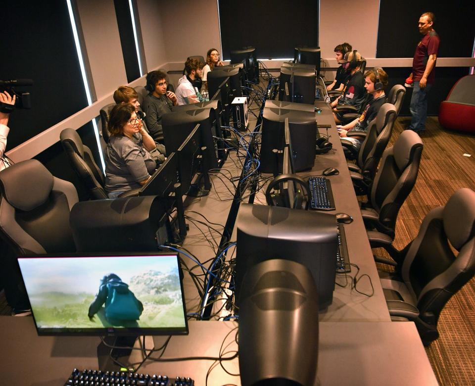 Members of the Rider High School and Midwestern State University esports teams compete Monday afternoon following the opening of the new Esports and Gaming Lounge at MSU Texas as shown in this March 29, 2022, file photo.
(Credit: TORIN HALSEY/TIMES RECORD NEWS)