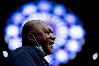 Artist Kerry James Marshall speaks at a news conference after being selected to design a replacement of former Confederate-themed stained glass windows that were taken down in 2017 at the National Cathedral in Washington, Thursday, Sept. 23, 2021. The Cathedral has also commissioned Pulitzer-nominated poet Dr. Elizabeth Alexander to pen a poem that will be inscribed in the stone beneath the new windows. (AP Photo/Andrew Harnik)