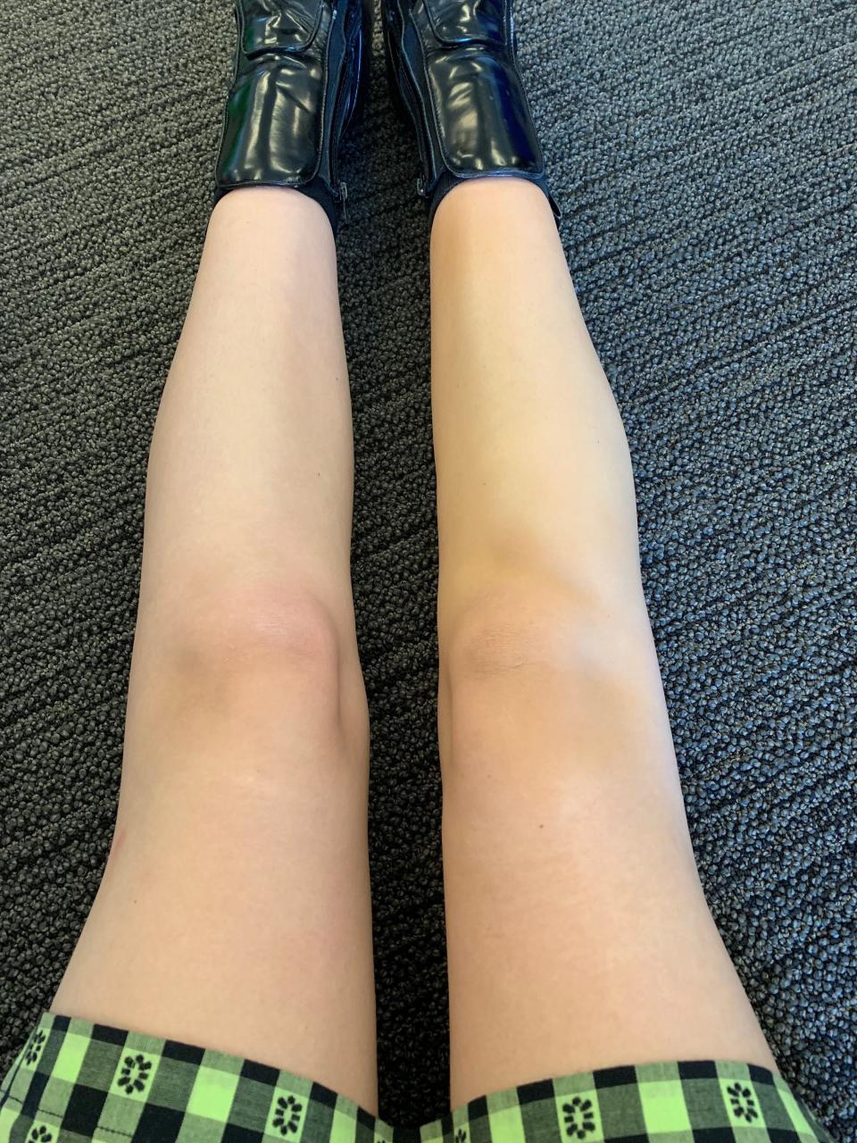 Left leg bare, KKW Body Foundation in Light on the right.