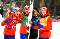 <p>Norway celebrates winning gold in Ski Jumping – Men’s Team Large Hill on day 10 of the PyeongChang 2018 Winter Olympic Games, February 19, 2018.<br>(Photo by Matthias Hangst/Getty Images) </p>