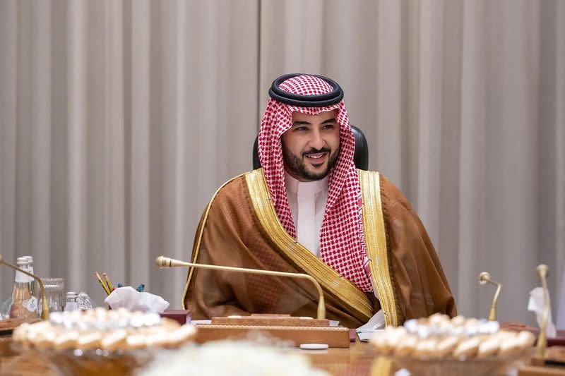 FILE PHOTO: Saudi's new Defence Minister, Prince Khalid bin Salman chairs his first meeting with military officials in the Ministry of Defence in Riyadh, Saudi Arabia