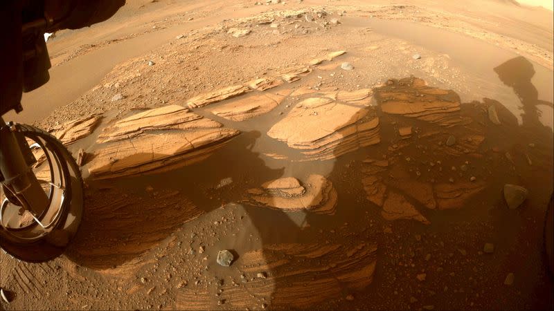 A view shows the "Enchanted Lake" rocky outcrop taken by one of the Hazard Avoidance Cameras (Hazcams) on NASA’s Perseverance Mars rover