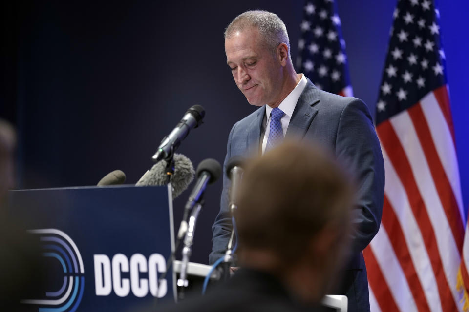 Rep. Sean Patrick Maloney, D-N.Y., chairman of the Democratic Congressional Campaign Committee, speaks to reporters on the morning after the midterm election, in Washington, Wednesday, Nov. 9, 2022. Maloney, a five-term House member from New York City's northern suburbs, conceded the loss of his seat to Republican Mike Lawler. (AP Photo/J. Scott Applewhite)