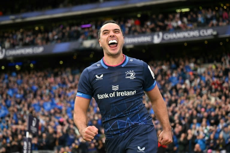 Hat-trick hero: Leinster wing James Lowe celebrates after scoring his third try during a European Champions Cup semi-final against Northampton at Croke Park (Oli SCARFF)