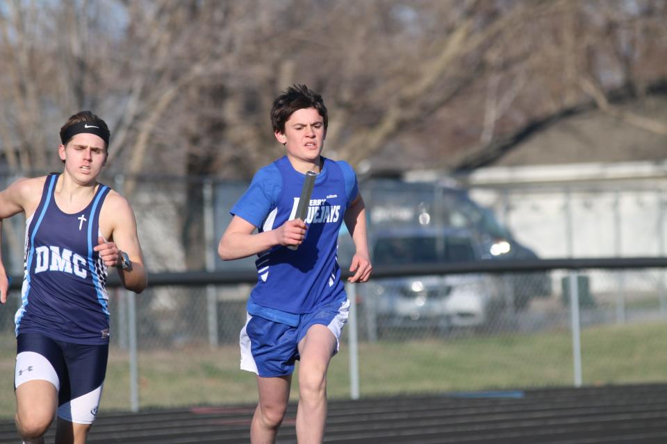 A Perry runner competes during the Cavanaugh Relays on Thursday, April 6, 2023, at Hawk Stadium in Woodward.