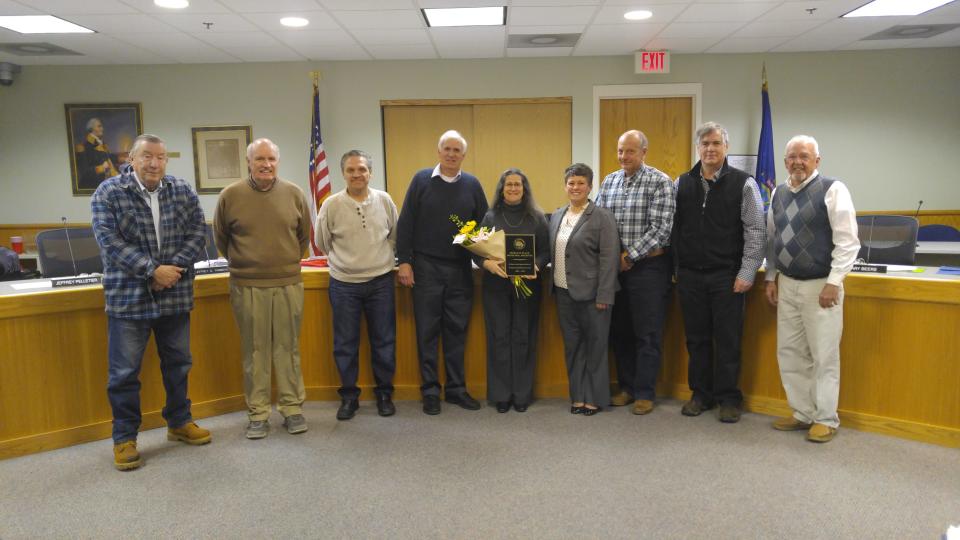 Frank Dennett (far left), who spent 29 years serving on the Kittery Town Council, died on July 30, 2022 at the age of 83. Dennett is seen here with numerous former councilors, current Town Council member Jeffrey Pelletier (third from left) and Town Manager Kendra Amaral (fourth from right).