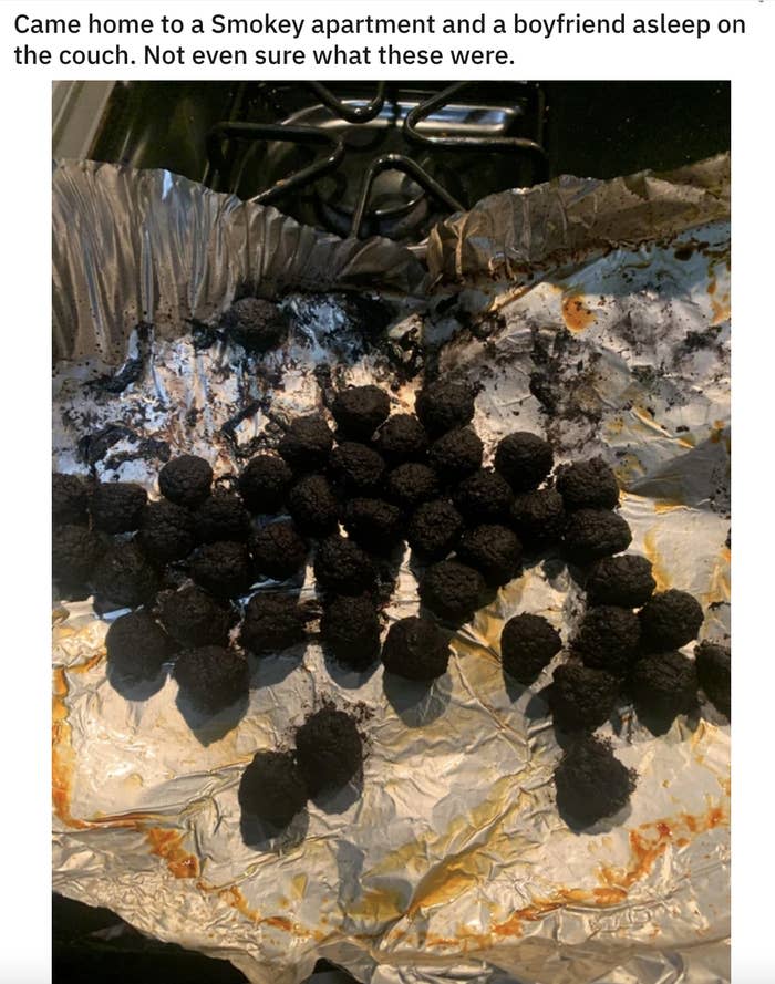 Small burned balls of some kind on aluminum foil