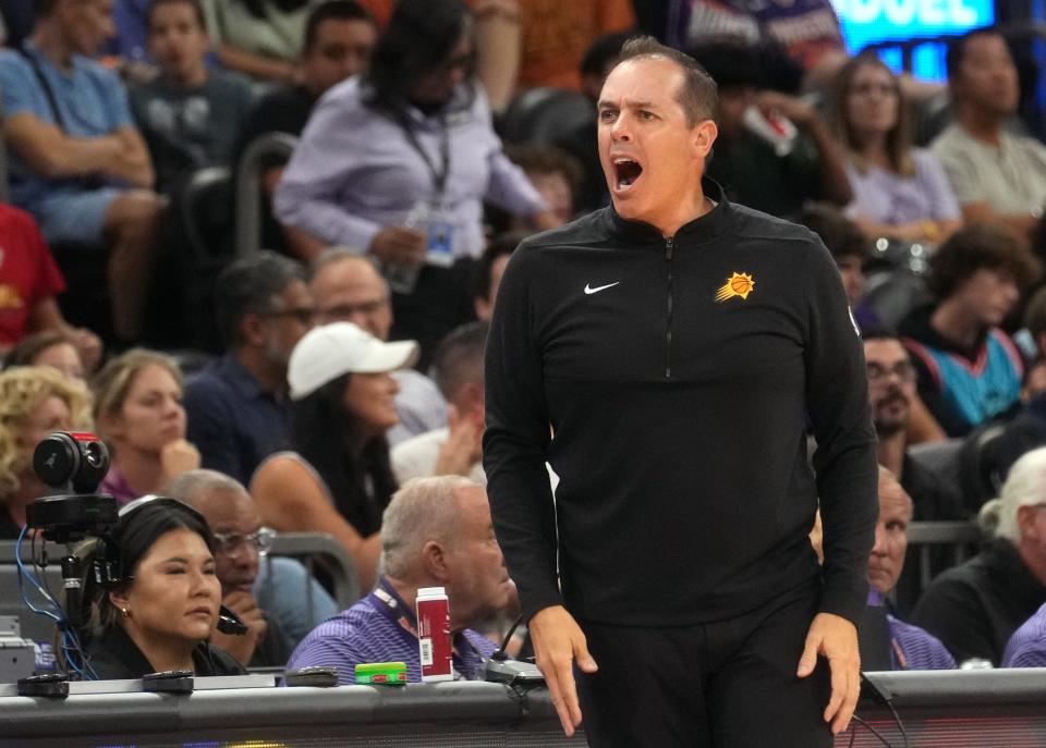 Phoenix Suns head coach Frank Vogel yells out to his team as they play the Denver Nuggets at Footprint Center in Phoenix on Oct. 10, 2023.