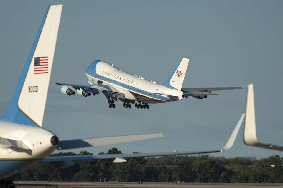 Air Force One with president Donald Trump aboard departs Andrews Air Force Base, Md. on a trip to Louisiana for a campaign rally, Friday, Oct. 11, 2019. (AP Photo/Kevin Wolf)