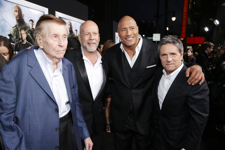 Paramount Pictures Sumner Redstone, Bruce Willis, Dwayne Johnson and Chairman/CEO of Paramount Pictures Corporation Brad Grey  at the LA Premiere of "G.I. Joe: Retaliation" held at the TCL Chinese Theatre on Thursday, March 28, 2013 in Los Angeles. (Photo by Eric Charbonneau/Invision/AP)