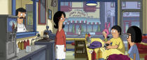 This image released by 20th Century Studios shows, from left, Bob Belcher, voiced by H. Jon Benjamin, Linda Belcher, voiced by John Roberts, Louise Belcher, voiced by Kristen Schaal, Gene Belcher, voiced by Eugene Mirman, and Tina Belcher, voiced by Dan Mintz, in a scene from "The Bob's Burgers Movie." (20th Century Studios via AP)