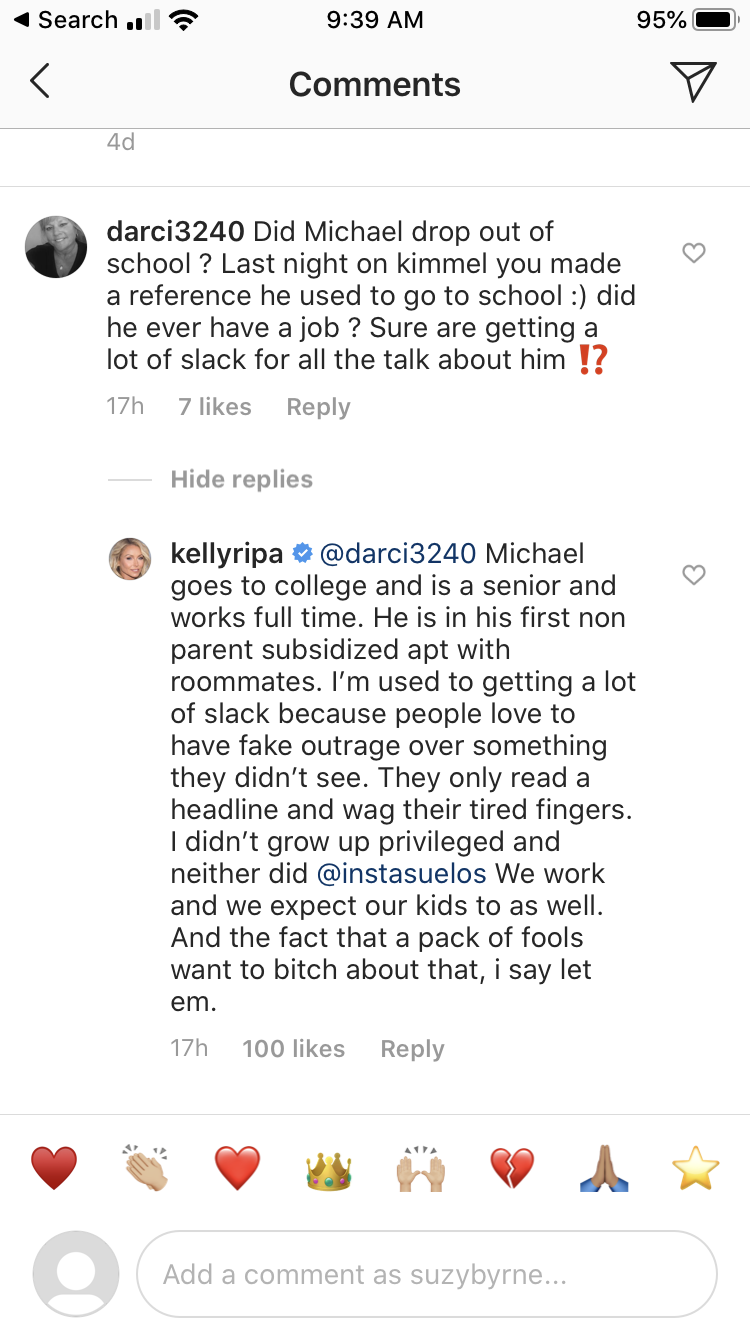 Kelly Ripa responds to backlash after saying her son was living in "extreme poverty." (Screenshot: Kelly Ripa via Instagram)