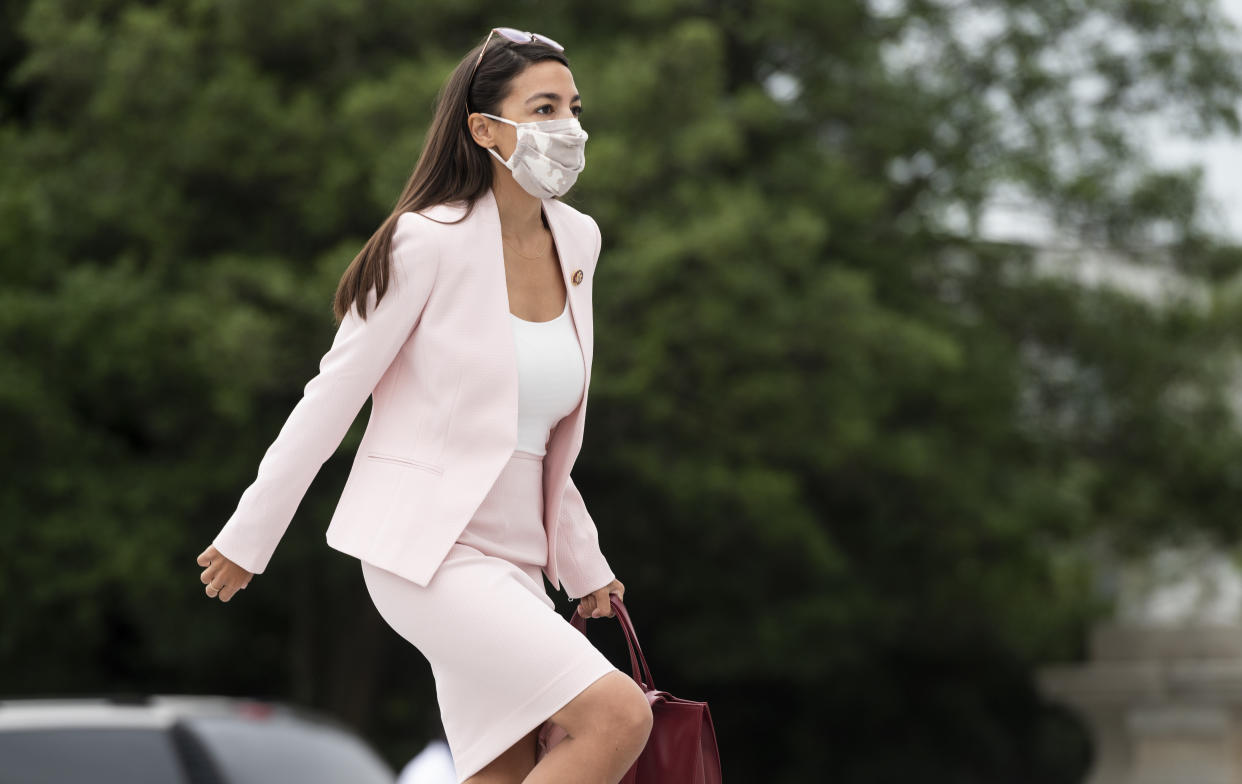 UNITED STATES - SEPTEMBER 17: Rep. Alexandria Ocasio-Cortez, D-N.Y., walks up the House steps for a vote in the Capitol on Thursday, Sept. 17, 2020. (Photo By Bill Clark/CQ-Roll Call, Inc via Getty Images)