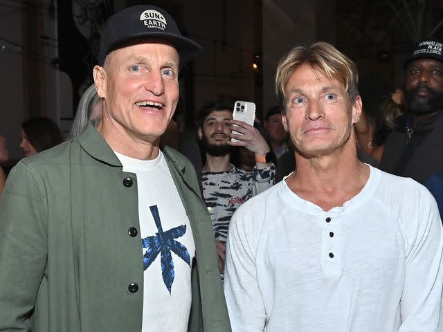 <p>Stefanie Keenan/Getty</p> Woody Harrelson and Brett Harrelson attend 'The Woods' Opening Day on May 13, 2022 in West Hollywood, California.