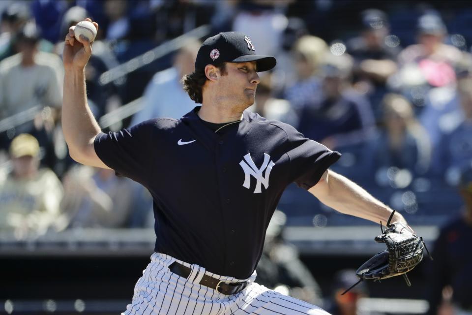 New York Yankees' Gerrit Cole delivers a pitch during the first inning of a spring training baseball game against the Detroit Tigers, Saturday, Feb. 29, 2020, in Tampa, Fla. (AP Photo/Frank Franklin II)