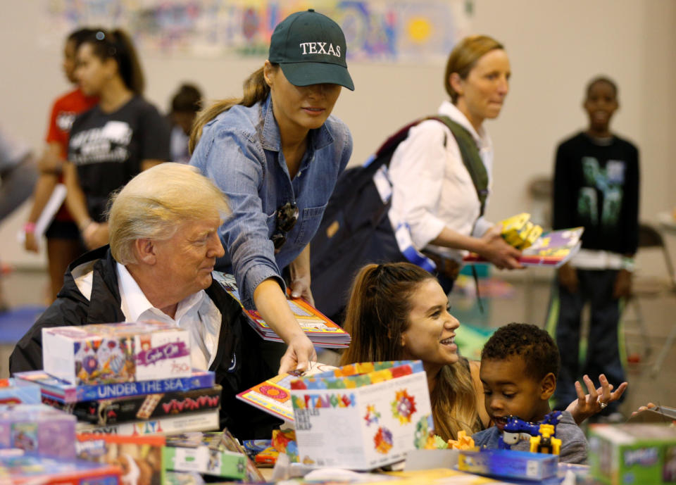 <p>President Donald Trump and first lady Melania Trump visit with flood survivors of Hurricane Harvey at a relief center in Houston, Texas, Sept. 2, 2017. (Photo: Kevin Lamarque/Reuters) </p>