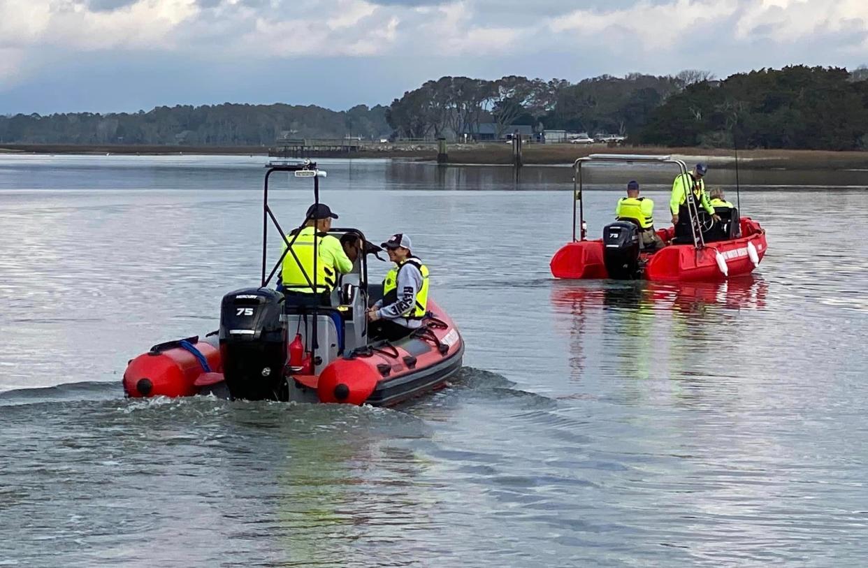 The Oak Island Water Rescue participated in a search for missing boater Tyler Doyle near the shore and in the Lockwood Folly Inlet.