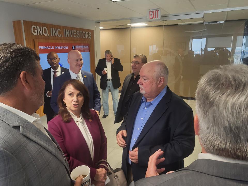 Solicitor General Liz Murrill and North Lafourche Levee District Director Dwayne Bourgeois speak ahead of a conference to announce a lawsuit against FEMA, Thursday, June 1.