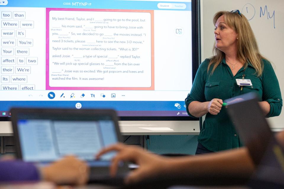 Long-term substitute teacher Ondrea Tarske teaches eighth-grade humanities classes at Baker Middle School on Tuesday, June 20, 2023, in Corpus Christi, Texas.