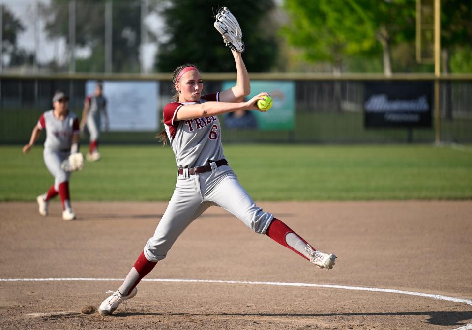 Tulare Union's Mason Hatton pitches against Mission Oak in a West Yosemite League high school softball game on Wednesday, April 17, 2024.