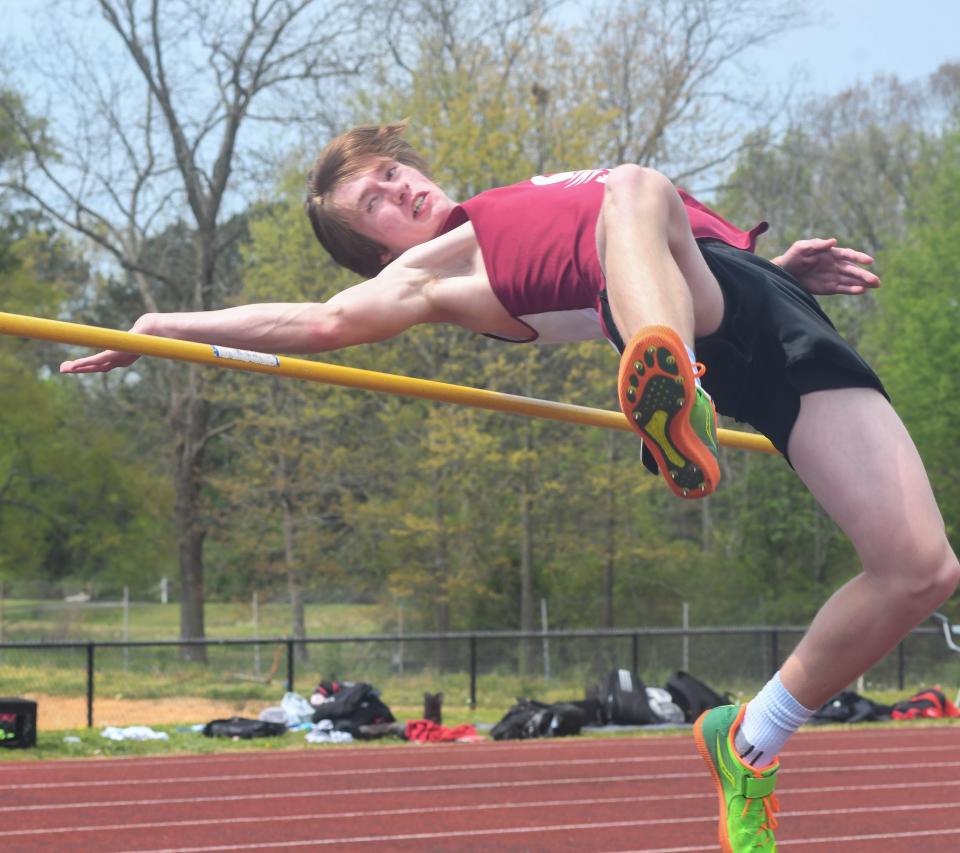 Sardis' Jake Alwine clears the ball in the high jump at the Etowah County schools track and field meet on Wednesday, April 13, 2022 in Gadsden, Alabama. Ehsan Kassim/Gadsden Times.