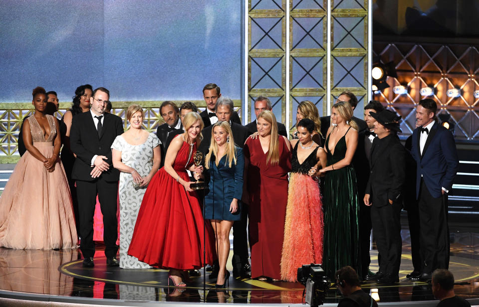 Actors Nicole Kidman and Reese Witherspoon with cast and crew of "Big Little Lies" accept the Outstanding Limited Series award onstage during the 69th Annual Primetime Emmy Awards at Microsoft Theater on Sept. 17, 2017 in Los Angeles, California.&nbsp;