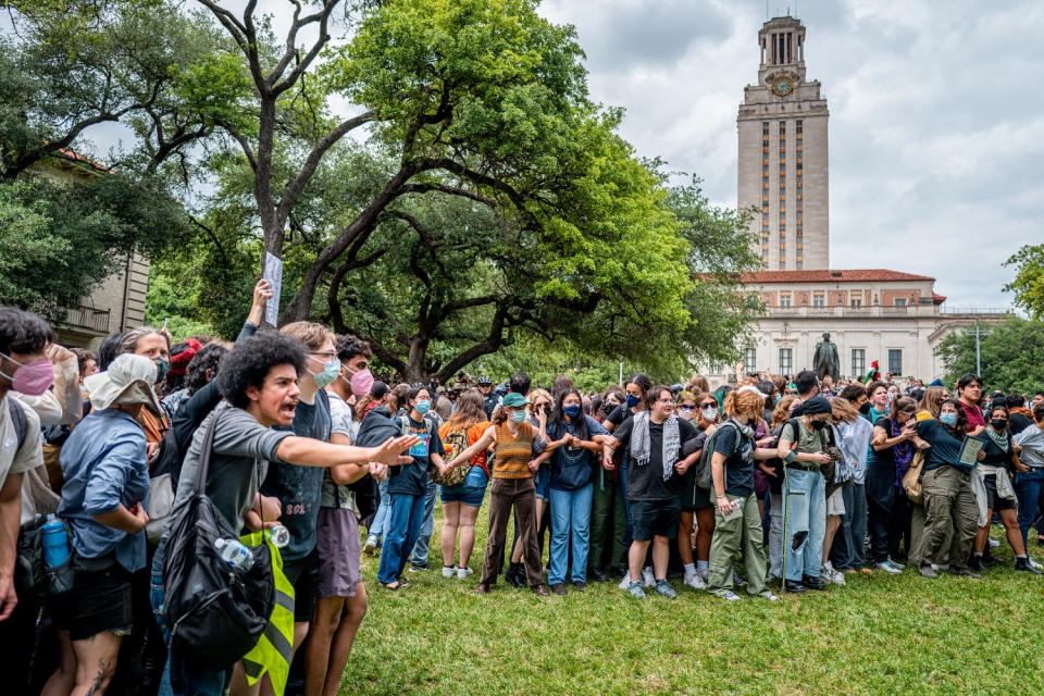Students at a protest on campus. (Brandon Bell / Getty Images file)