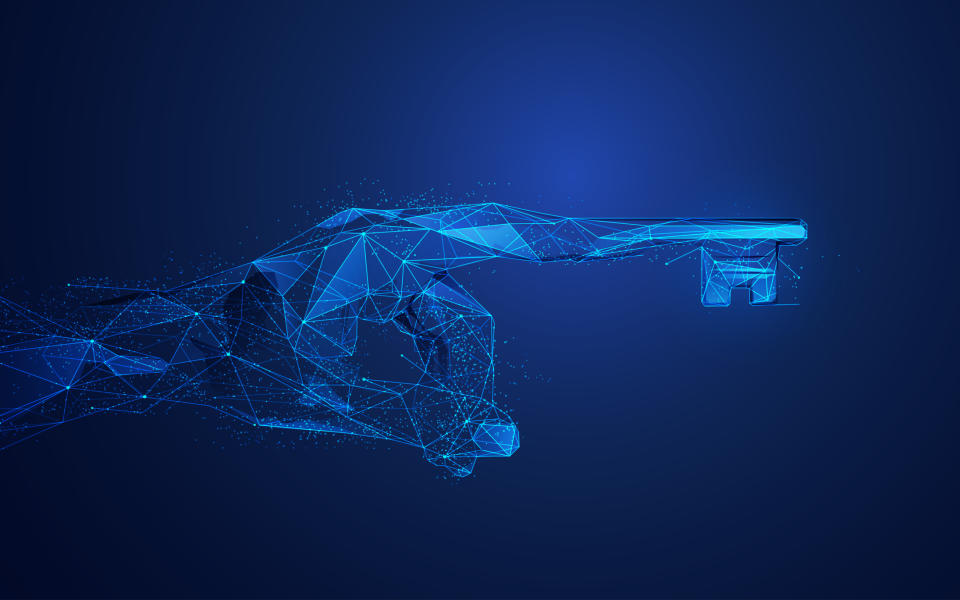 concept of machine learning or digital transformation, wireframe hand pointing with key finger