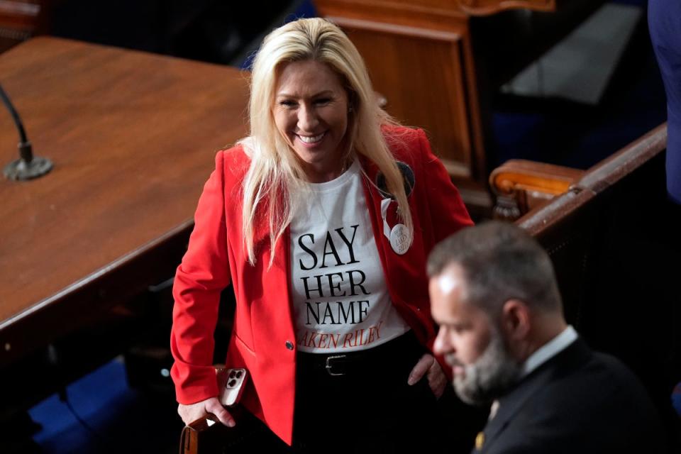 Congresswoman Marjorie Taylor Greene, in a shirt referencing the murder of Laken Riley, during the State of the Union Address (Copyright 2024 The Associated Press. All rights reserved)