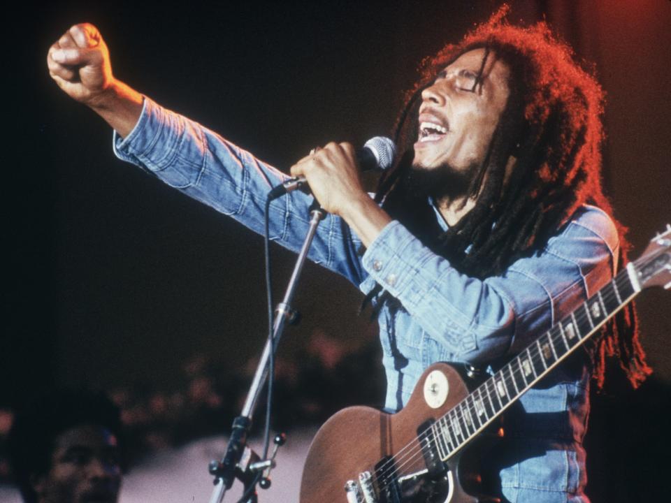 Jamaican Reggae musician, songwriter, and singer Bob Marley performs on stage, in a concert at Grona Lund, Stockholm, Sweden.