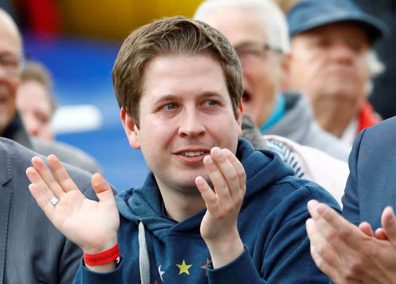 FILE PHOTO: Kevin Kuehnert, leader of the SPD's youth wing Jusos, attends an EU election campaign rally in Saarbruecken