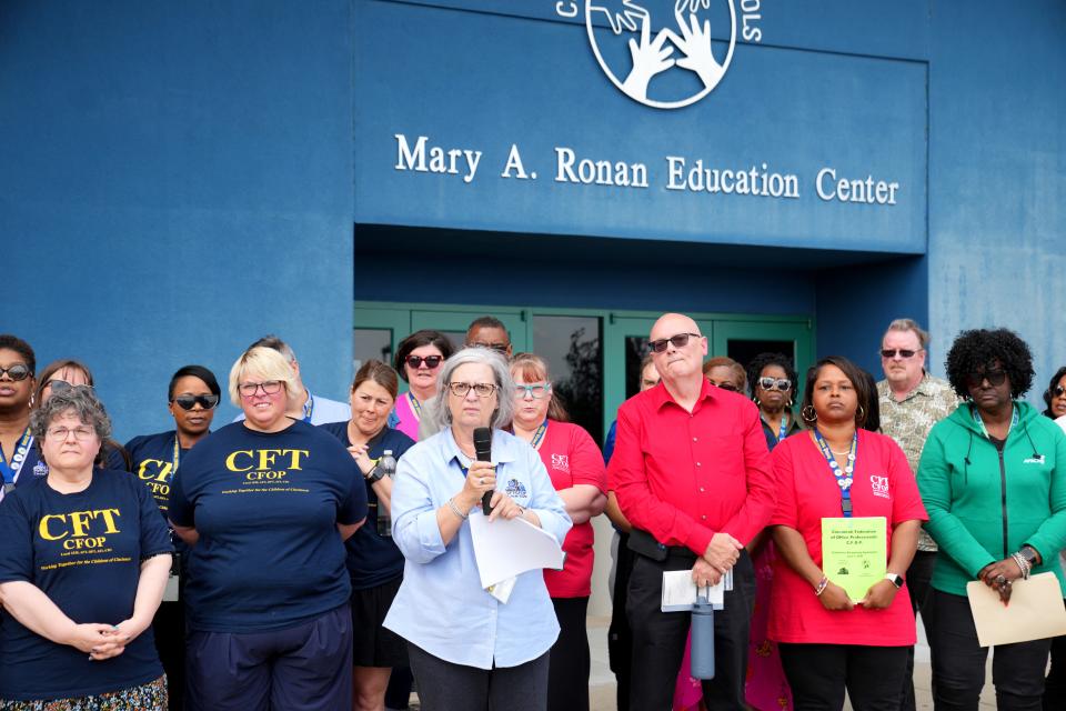 All six unions representing labor who works at Cincinnati Public Schools hold a press conference announcing their unanimous vote of no confidence of Superintendent Iranetta Wright by all members, according to union leaders, Monday, May 13, 2024, at the Central Office and the Mayerson Academy building in the Corryville neighborhood of Cincinnati.