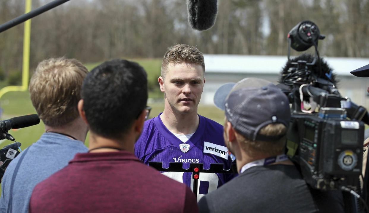 Minnesota Vikings rookie Austin Cutting talks with reporters after rookie minicamp workouts began at the NFL football team's complex Friday, May 3, 2019, in Eagan, Minn. Cutting became the first Air Force player drafted in 20 years when the Vikings took the long snapper in the seventh round. Pursuing a pro football career isn't so simple, though, with required military service to be sorted out first for Cutting. (AP Photo/Jim Mone)