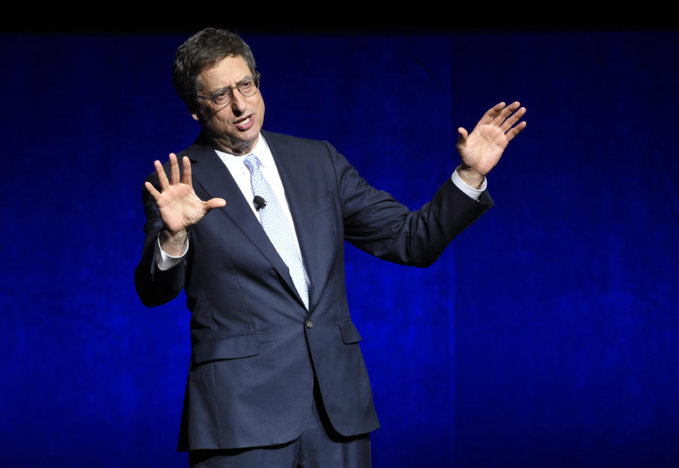 Tom Rothman, chairman of Sony Pictures Entertainment Motion Picture Group, addresses the audience during their presentation at CinemaCon 2018. (Photo by Chris Pizzello/Invision/AP)