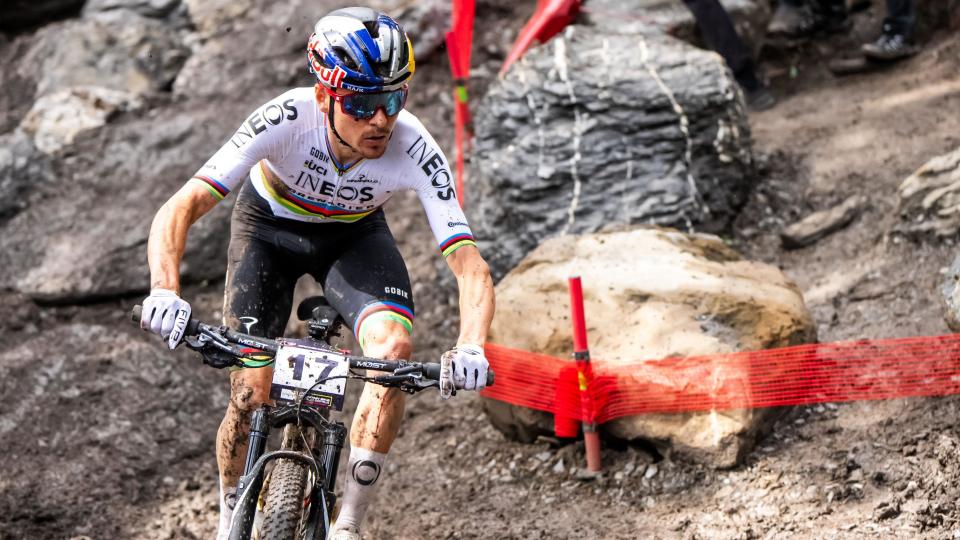 Tom Pidcock competing during the Mountain Bike World Cup in Switzerland in June 2024