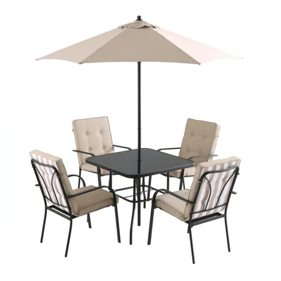 Champneys 4-Seater Steel and Fabric Outdoor Patio Dining Set with Parasol, Taupe