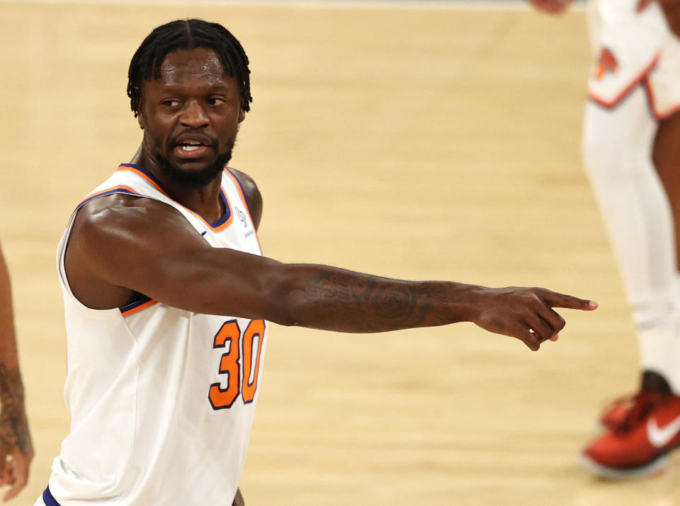  Julius Randle #30 of the New York Knicks directs his teammates in the second quarter against the Charlotte Hornets at Madison Square Garden on May 15, 2021 in New York City.NOTE TO USER: User expressly acknowledges and agrees that, by downloading and or using this photograph, User is consenting to the terms and conditions of the Getty Images License Agreement. (Photo by Elsa/Getty Images)