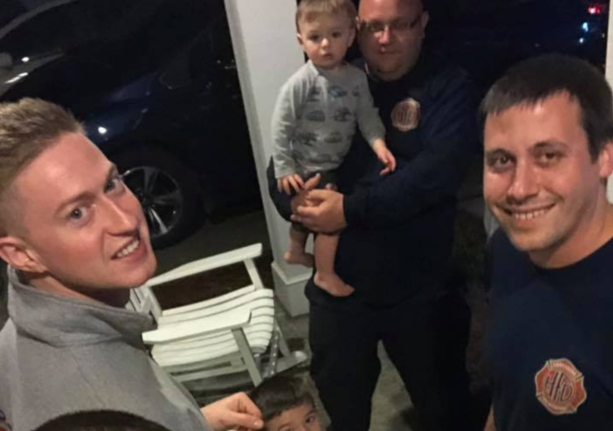 Firefighters in Harrisburg, N.C. babysat two children after their parents were transported for a medical emergency until their grandparents, who live 30 minutes away, were able to arrive. (Photo: Facebook)