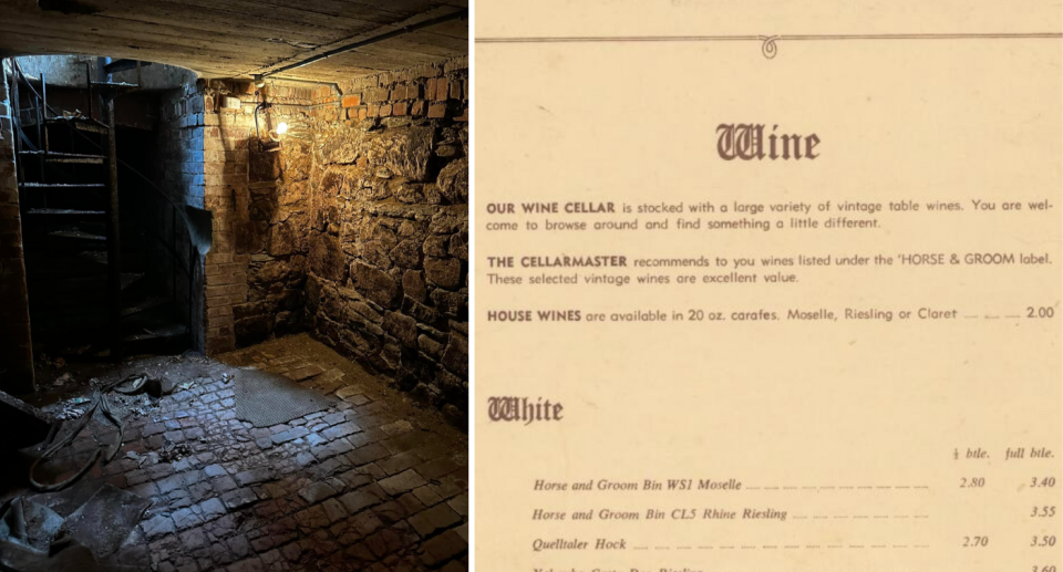 Secret wine cellar (left) and 1970s restaurant menu (right).