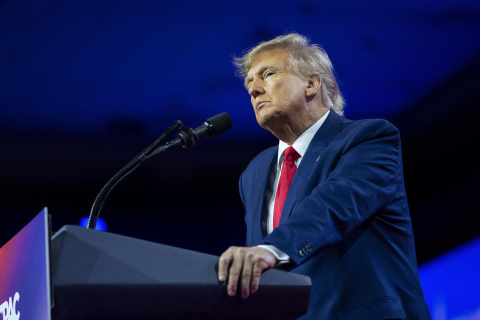 FILE - Former President Donald Trump speaks at the Conservative Political Action Conference, CPAC 2023, March 4, 2023, at National Harbor in Oxon Hill, Md. No Republican has done more to restrict abortion rights than Trump. But in the early days of the 2024 presidential contest, no Republican has worked harder to avoid the issue than the former president either. More than his GOP rivals, Trump is sidestepping the polarizing topic just nine months after he celebrated the Supreme Court's stunning decision to strip women’s constitutional right to abortion. (AP Photo/Alex Brandon, File)