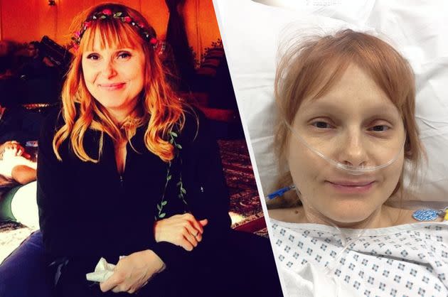 Maria at a festival before she her lupus diagnosis (left) and in hospital (right). (Photo: Maria Jones)