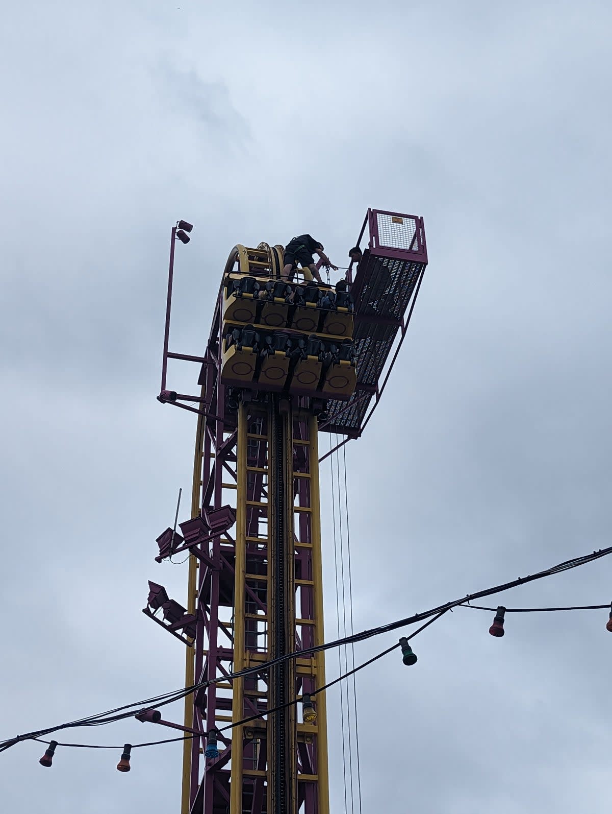 Footage posted on social media showed passengers left hanging at a near-90-degree angle on Friday afternoon, after the ride Rage at theme park Adventure Island, in Southend, came to an abrupt halt mid-flight (SWNS)