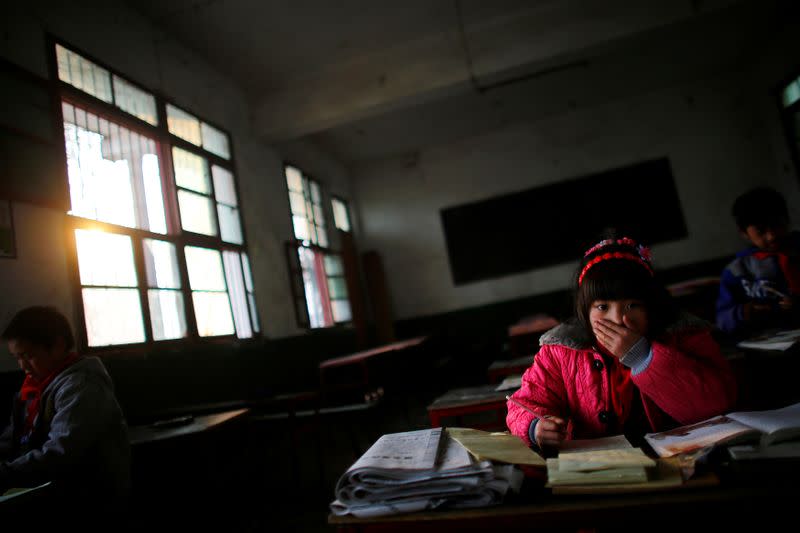 FILE PHOTO: A student attends a class at the Democracy Elementary and Middle School in Sitong town, Henan province