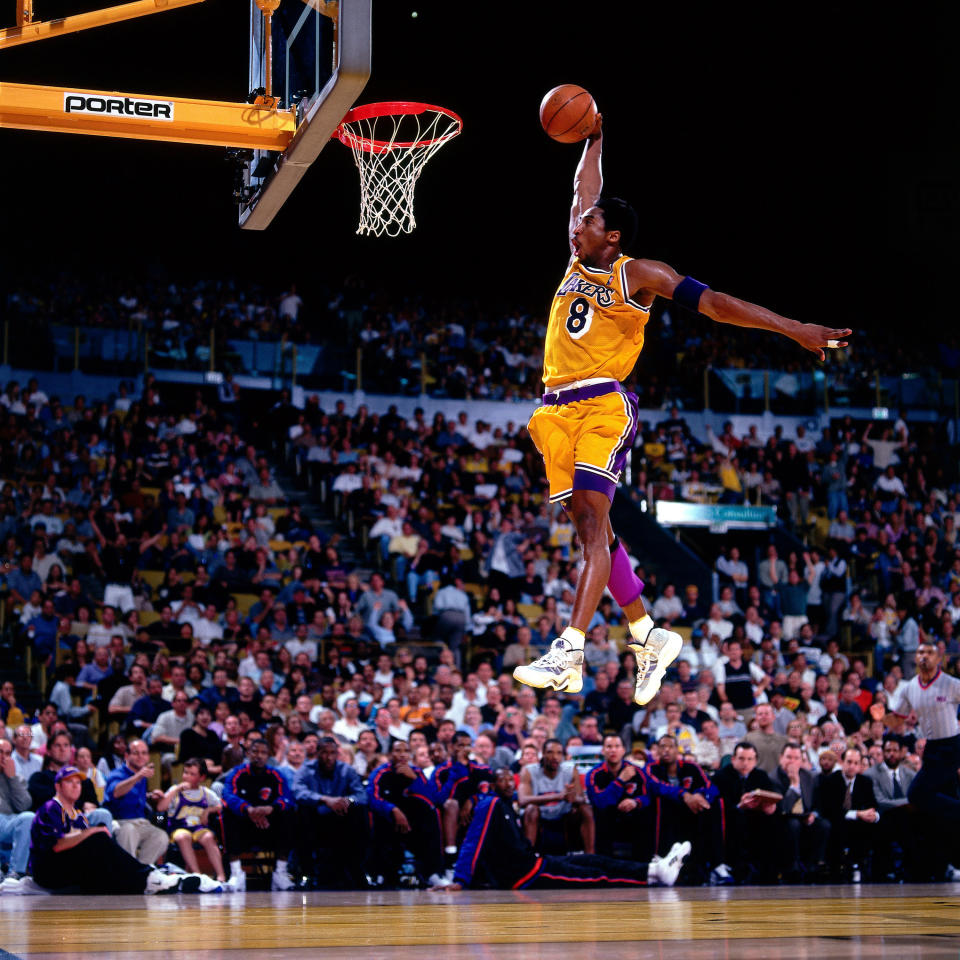 Bryant&nbsp;elevates for a dunk at the Great Western Forum in Inglewood, California, in the spring of his third season with the Lakers.