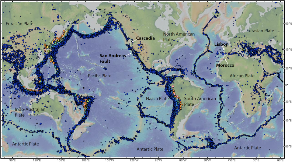 A map of all earthquakes greater than magnitude 5 from 1960 to 2023 clearly shows the outlines of the tectonic plates. <a href="https://www.usgs.gov/programs/earthquake-hazards/earthquakes" rel="nofollow noopener" target="_blank" data-ylk="slk:USGS/GMRT;elm:context_link;itc:0;sec:content-canvas" class="link ">USGS/GMRT</a>