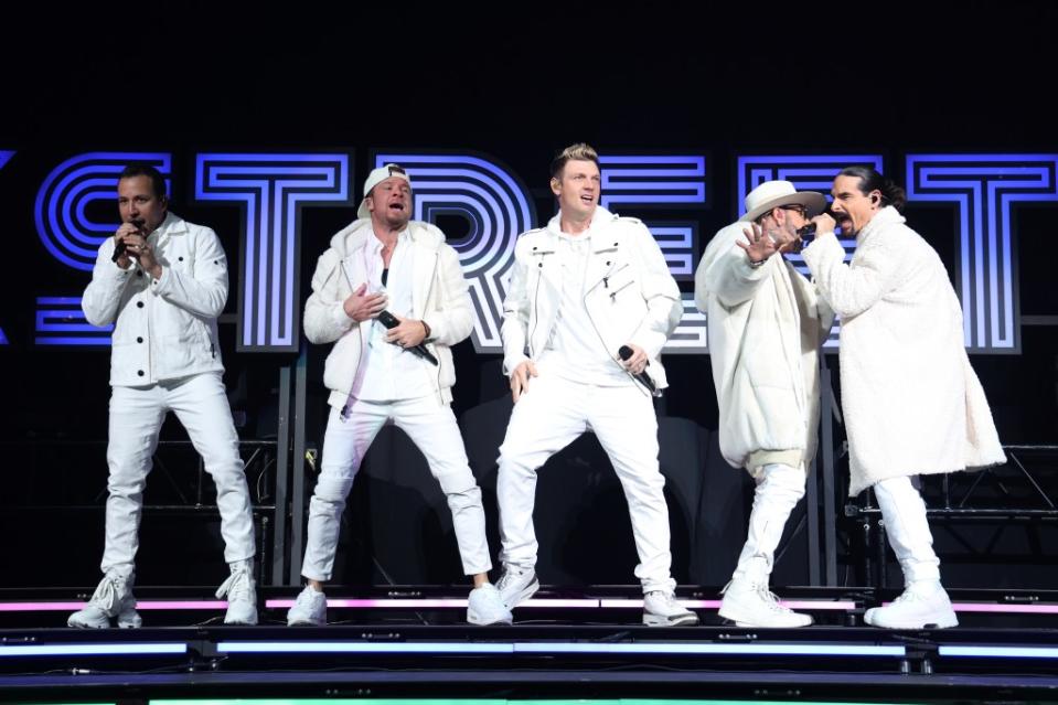 (From left) Howie Dorough, Brian Littrell, Nick Carter, AJ McLean and Kevin Richardson of Backstreet Boys perform onstage during iHeartRadio 93.3 Jingle Ball 2022. Getty Images for iHeartRadio