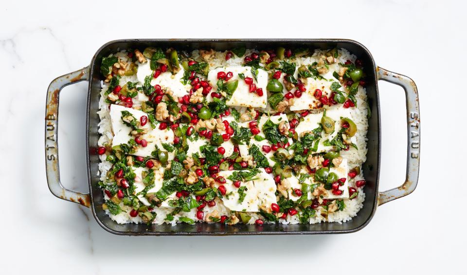 Baked Minty Rice with Feta and Pomegranate Relish