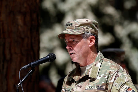 Incoming Commander of Resolute Support forces and command of NATO forces in Afghanistan, U.S. Army General Scott Miller speaks during a change of command ceremony in Resolute Support headquarters in Kabul, Afghanistan September 2, 2018.REUTERS/Mohammad Ismail